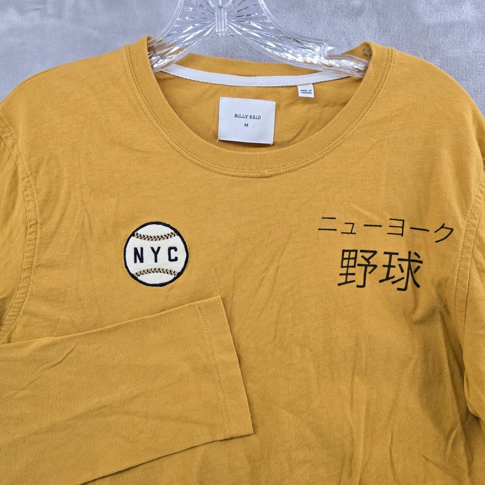 Billy Reid Long‎ Sleeve T-Shirt Mens Medium Yellow NYC Baseball Japanese Graphic